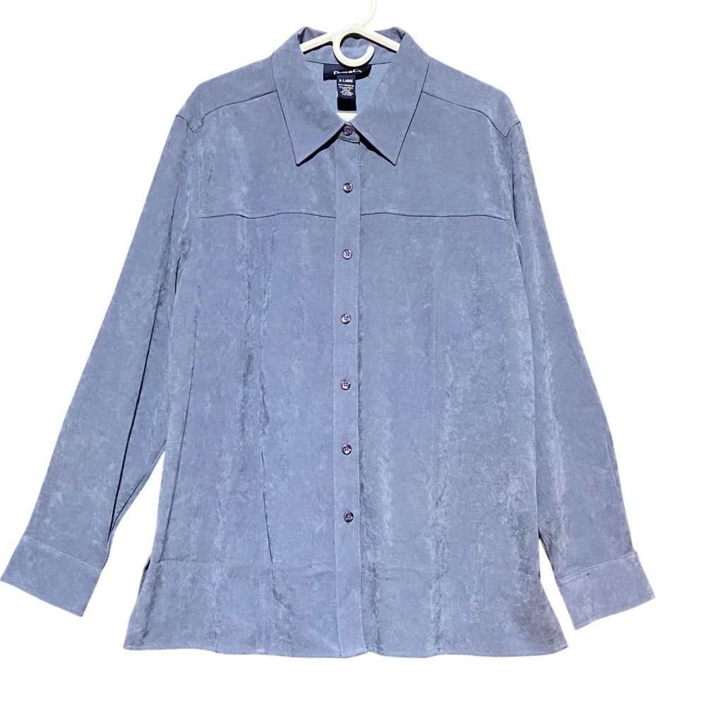 DENIM & CO Women's X Large Faux Suede Button‎ Front Long Sleeve Shirt Blue